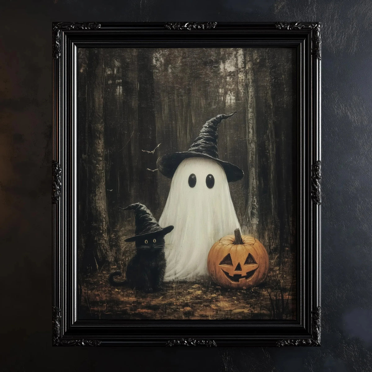 Halloween Ghost & Black Cat Dark Forest Canvas Print