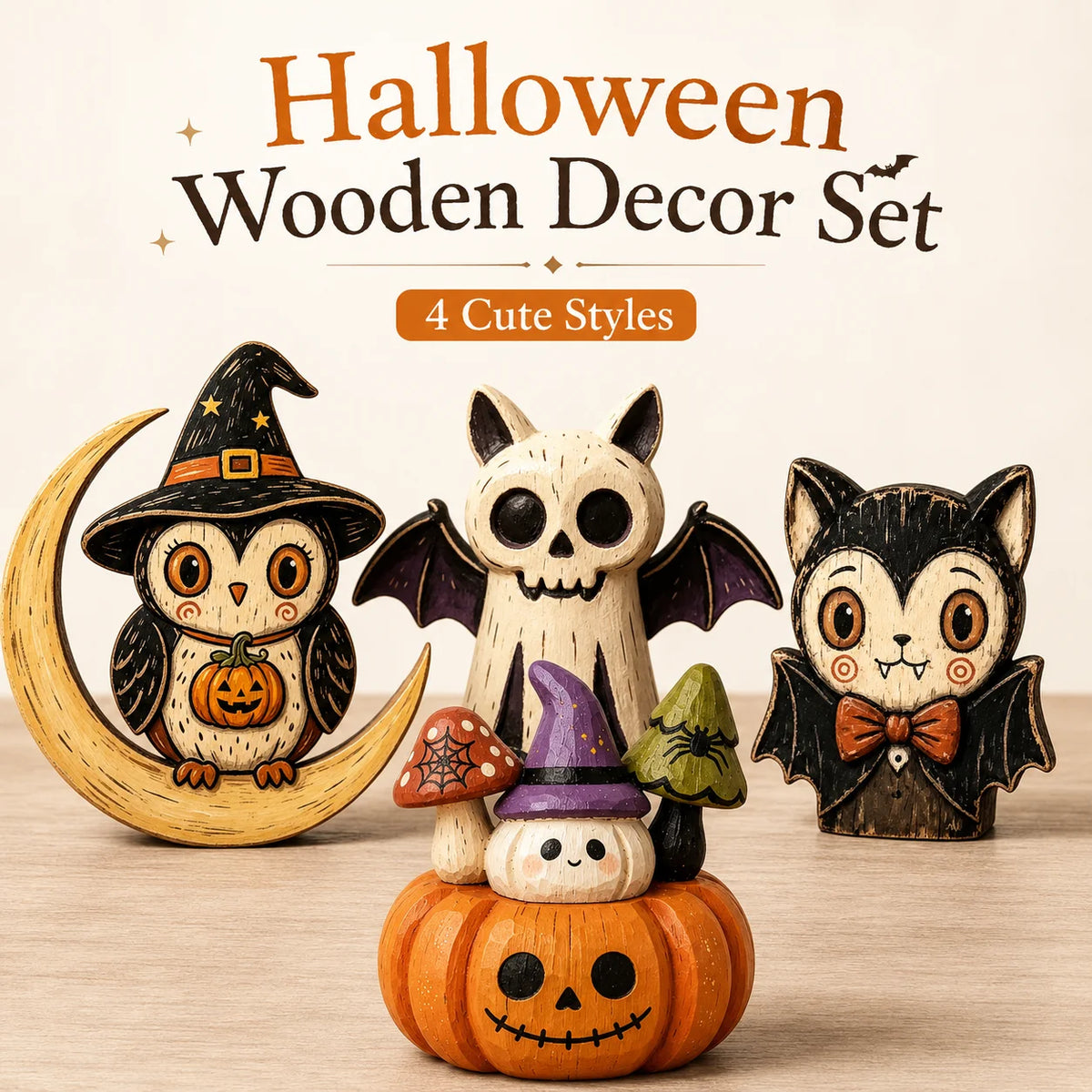 Hand-Painted Halloween Wooden Tabletop Decor | Bat, Owl & Pumpkin Figures