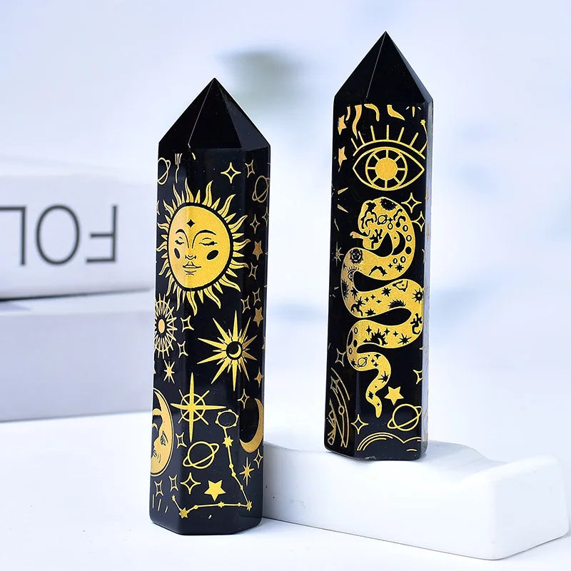 Natural Black Obsidian Crystal Tower — Seven Chakra, Moon & Golden Snake Designs