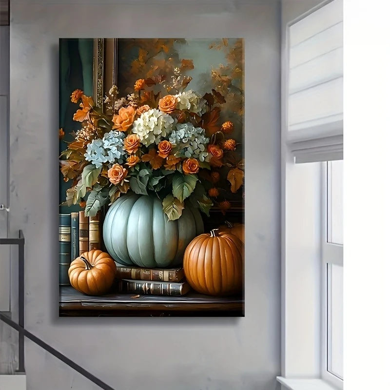 Autumn Pumpkin & Floral Canvas Print | Unframed Wall Art