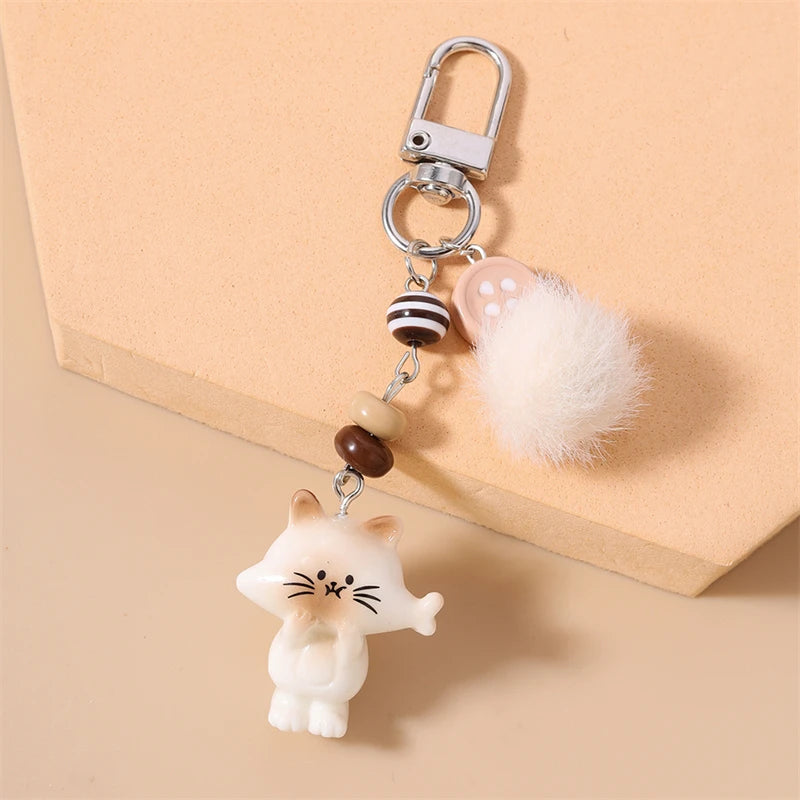 Handmade Cat Charm Keychain – Cute Animal Bead Keyring & Bag Pendant