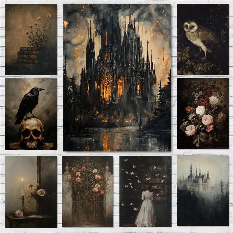 Gothic Castle Wall Art | Dark Academia Crow, Owl & Wildflowers Canvas Print