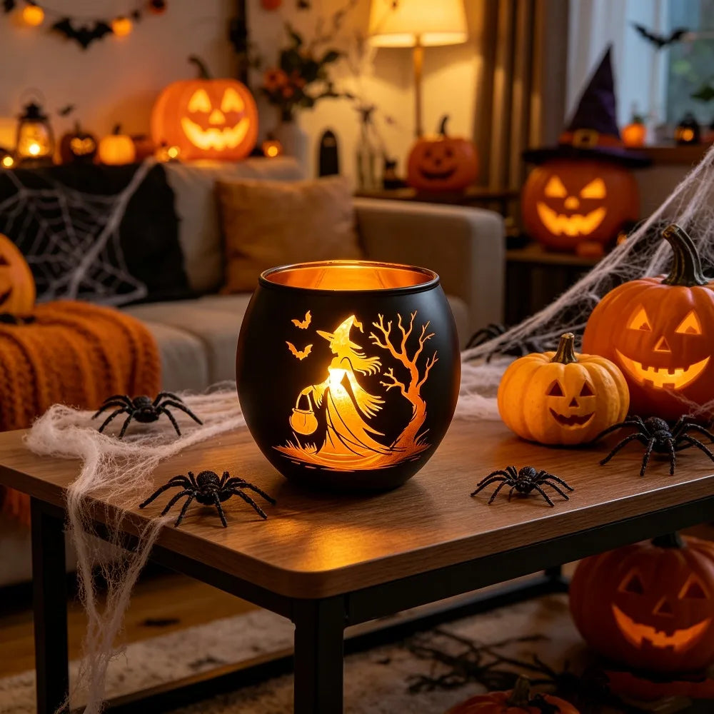 Halloween Witch & Bat Silhouette Candle Holder | Spooky Lantern Home Decor