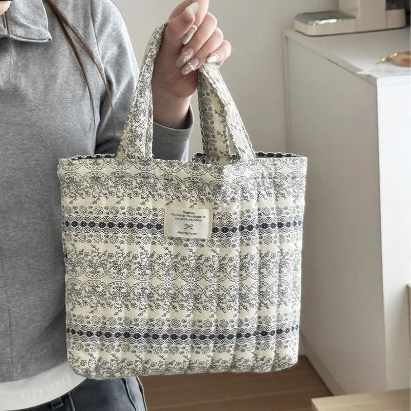 Quilted Cotton Flower Tote Bag | Boho Lunch & Shoulder Bag for Women