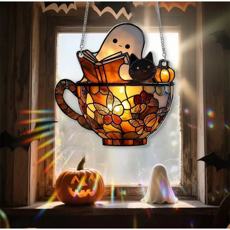 Halloween Ghost Reading Book Window Ornament | Colorful Acrylic Suncatcher