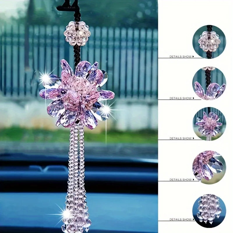 Crystal Peony Hanging Ornament | Hand-Woven Car Charm & Home Suncatcher Pendant