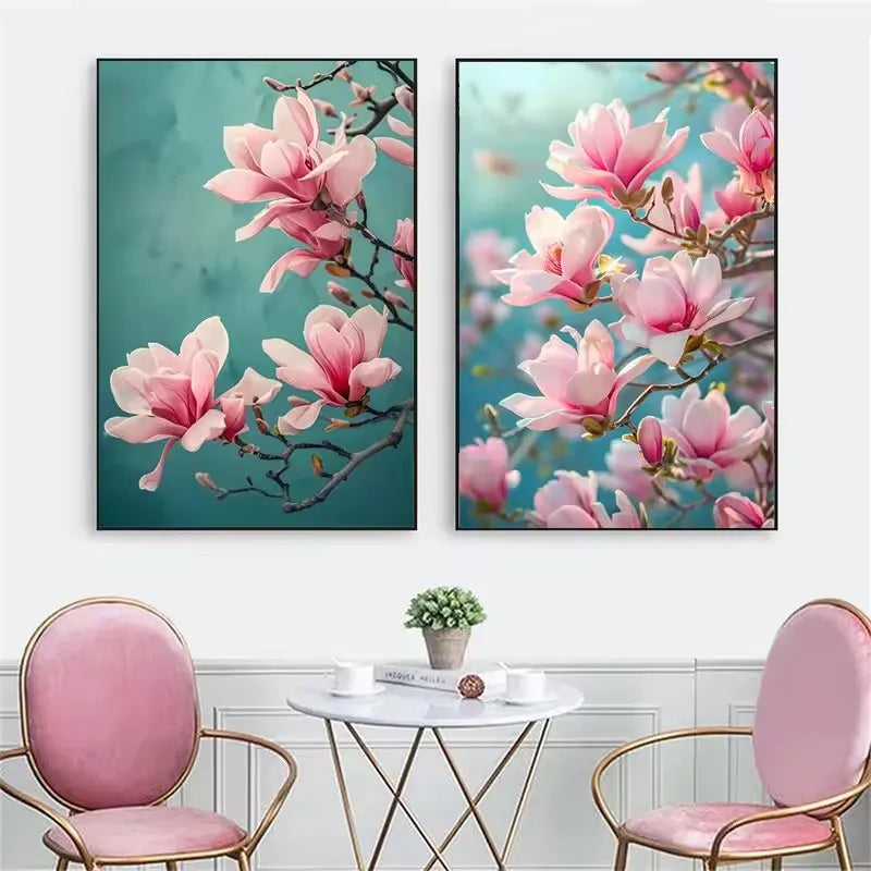 Pink Magnolia Floral Canvas Wall Art | Modern Botanical Home Decor Print