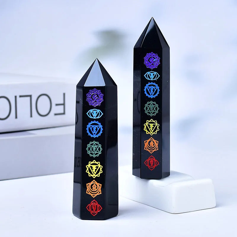 Natural Black Obsidian Crystal Tower — Seven Chakra, Moon & Golden Snake Designs