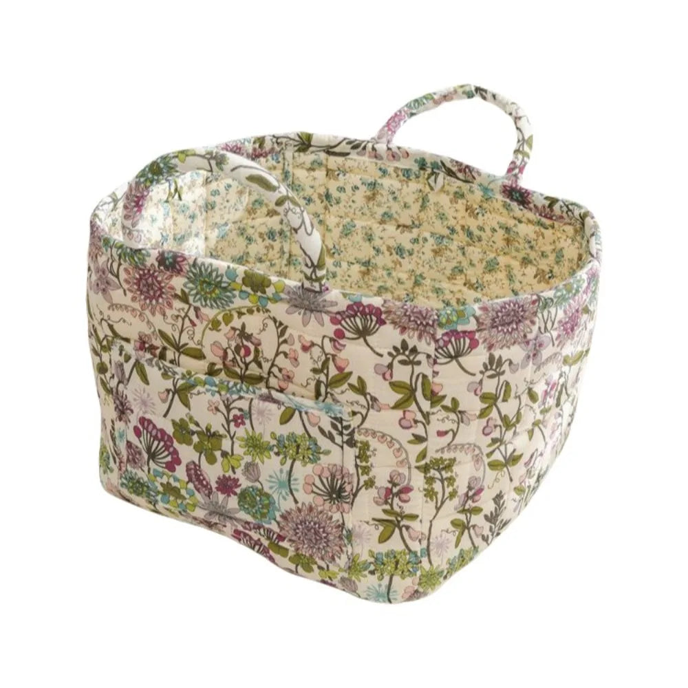 Quilted Floral Storage Basket — Collapsible Fabric Organizer Bag