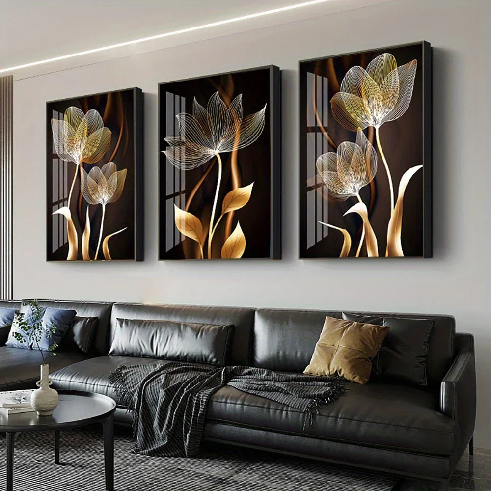 Black & Gold Abstract Floral Canvas Wall Art | Luxury Modern Home Decor Print