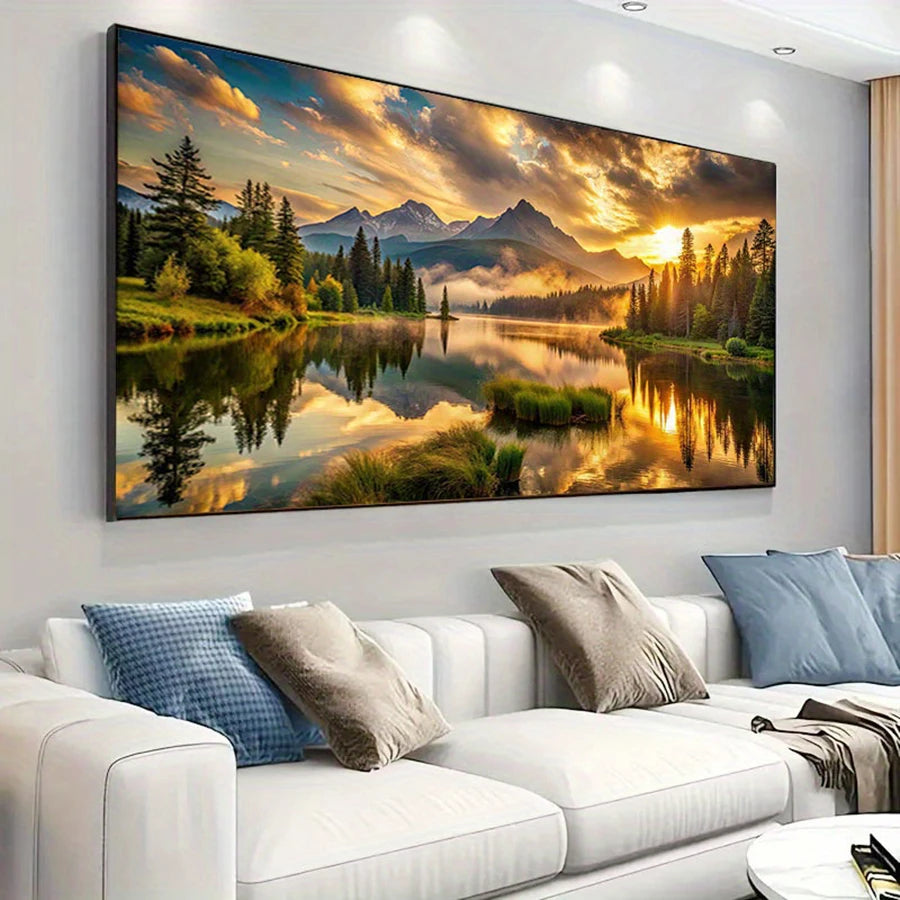 Golden Sunrise Snowy Mountains Canvas Print — Boho Landscape Wall Art