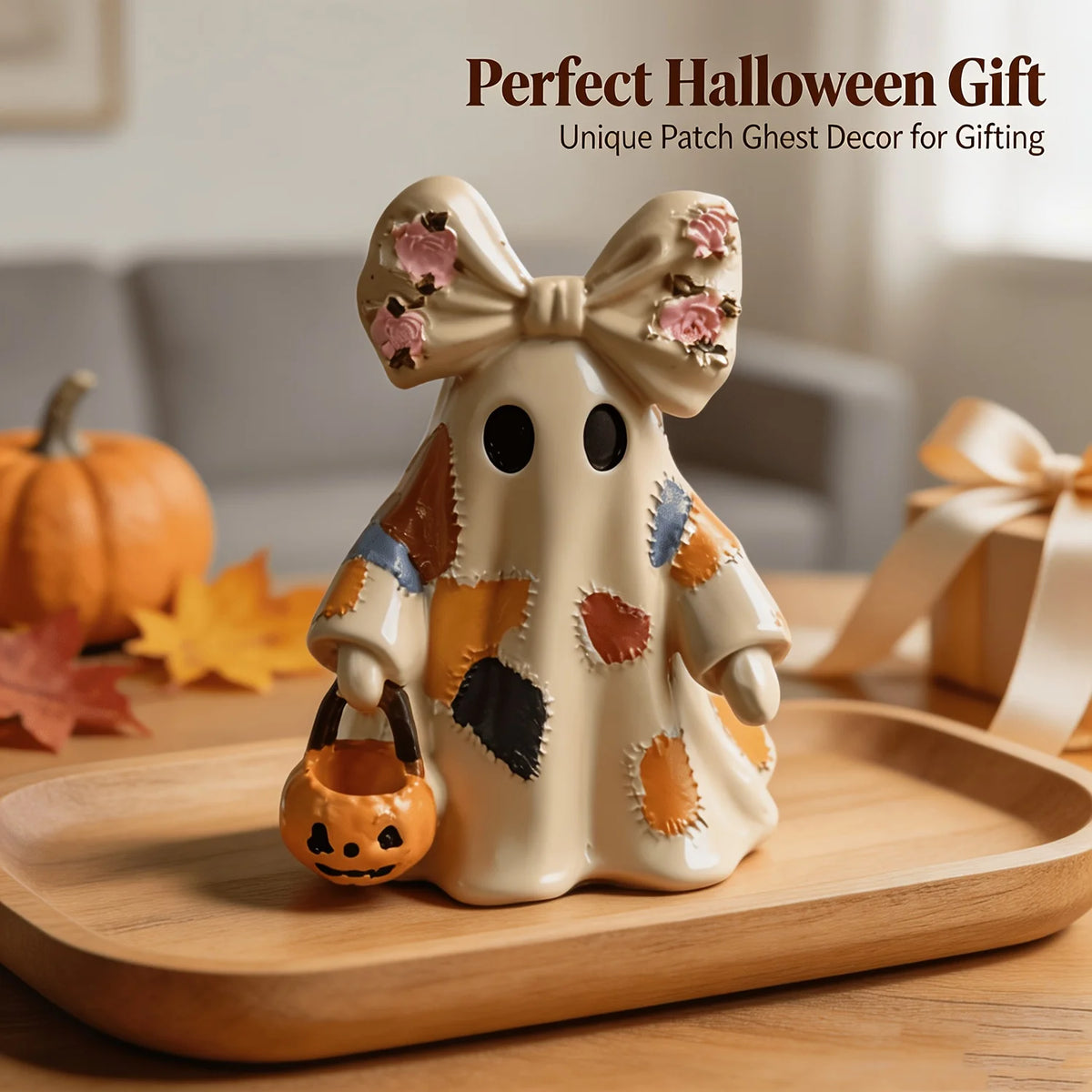 Halloween Ghost & Pumpkin Resin Figurine — Cute Bow Ghost Desktop Décor