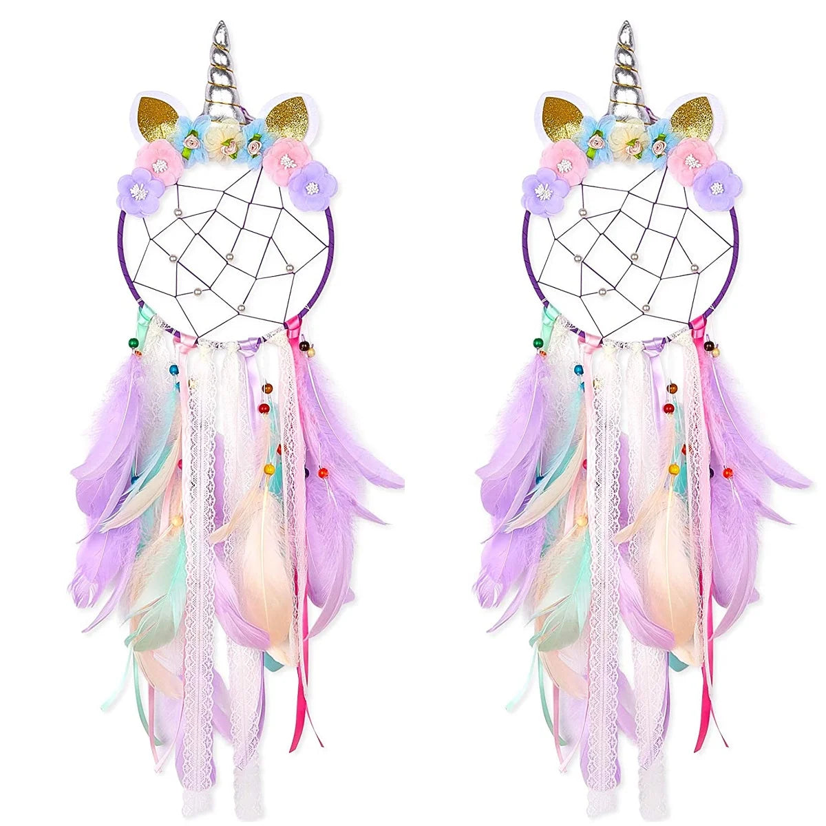 Colorful Handmade Unicorn Dreamcatcher — Single & 2-Piece Sets with Optional LED Lights