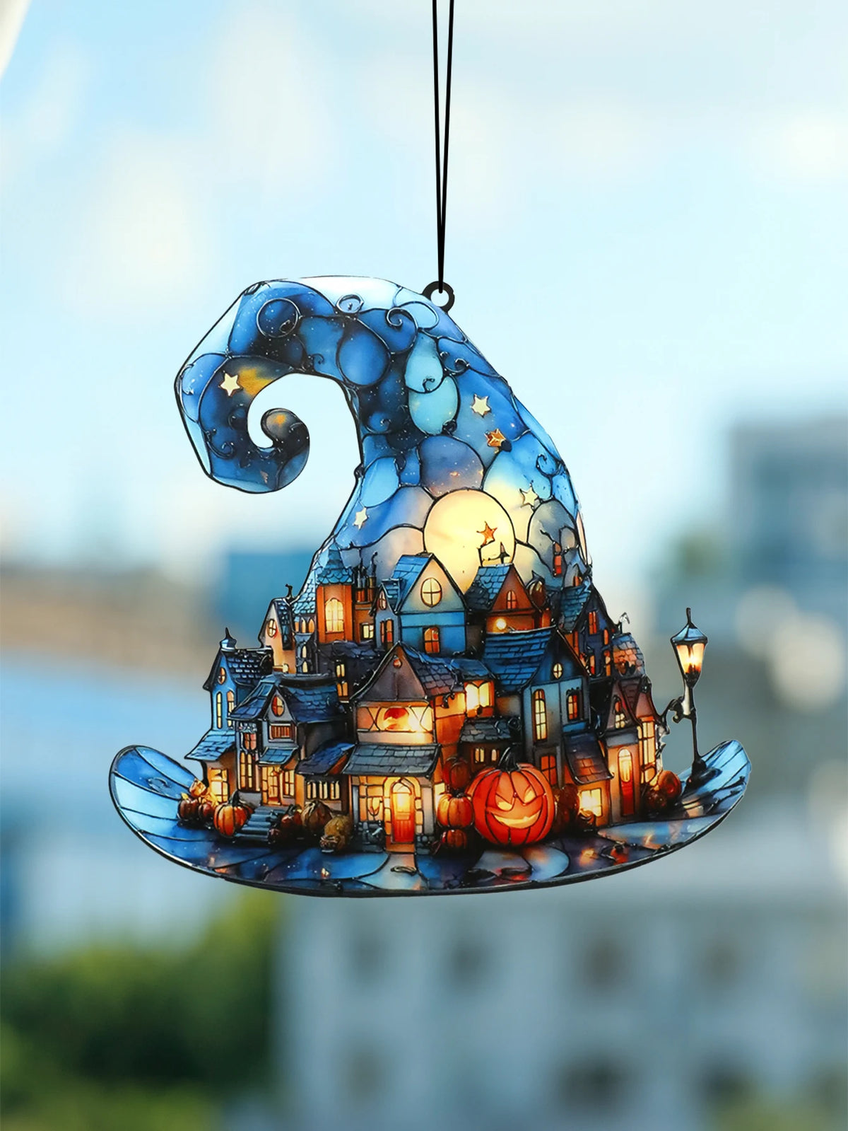Halloween Witch Hat 2D Window Hanging | Acrylic Mini Town & Pumpkin Pendant Ornament