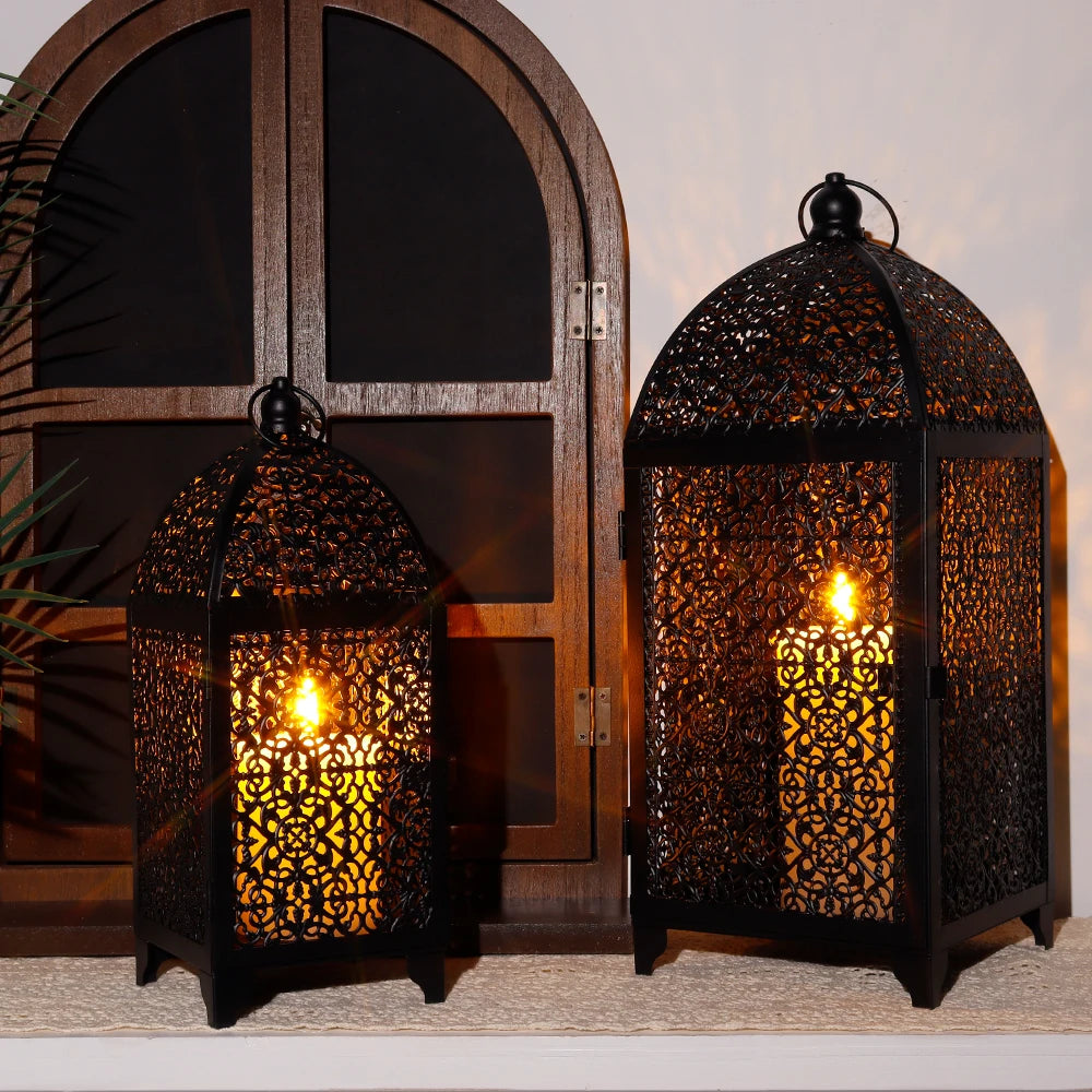Black Metal Candle Lantern Set | Vintage Boho Candle Holders (Set of 2)