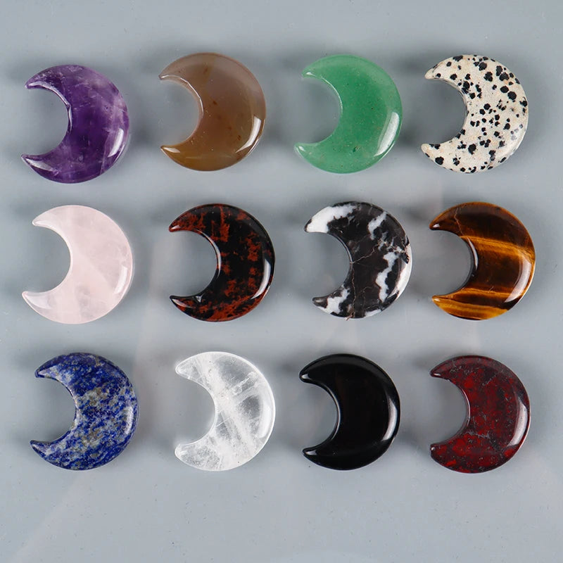 Natural Crystal Moon Ornament | Hand-Carved Healing Stone · 9 Varieties