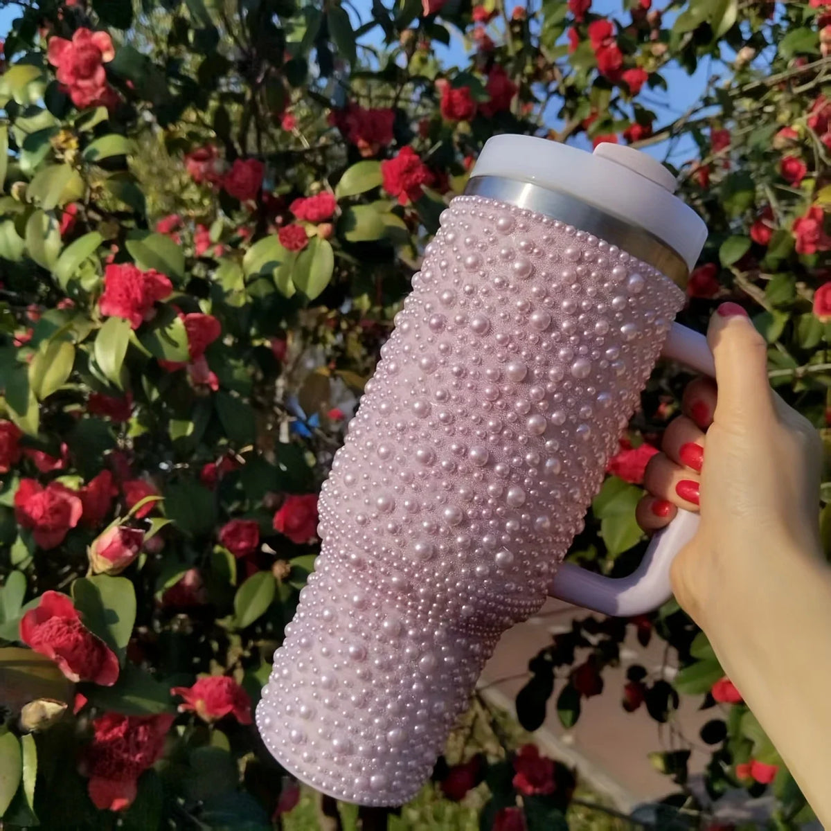 40oz Pearl & Rhinestone Tumbler | Vacuum Insulated Wide Handle Car Cup
