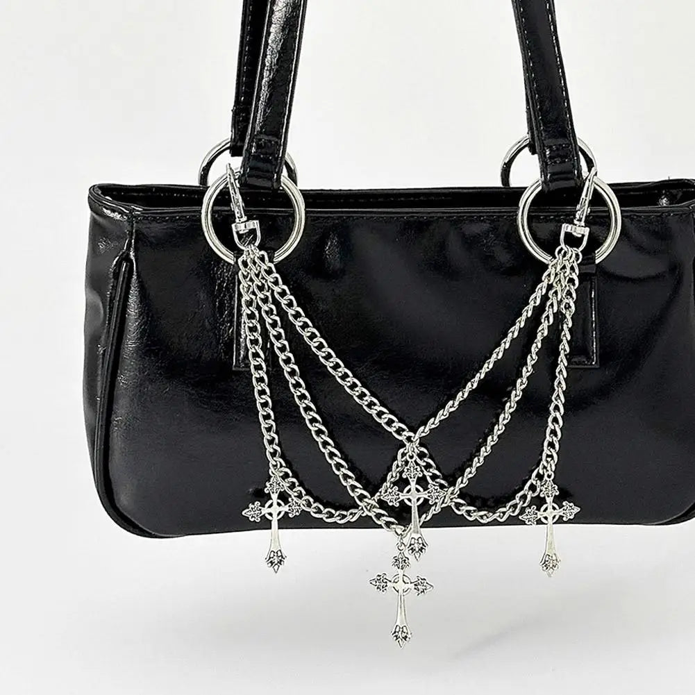 Gothic Multi-Layer Chain Bag Charm – Heart, Bow & Tassel Alloy Pendant with Lobster Clasp