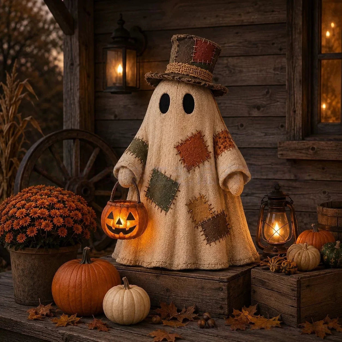 Halloween Ghost & Pumpkin Resin Figurine — Cute Bow Ghost Desktop Décor
