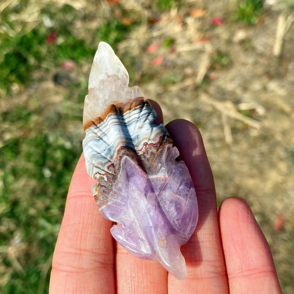 Hand-Carved Crystal Feather Sculpture | Amethyst & Crazy Lace Agate