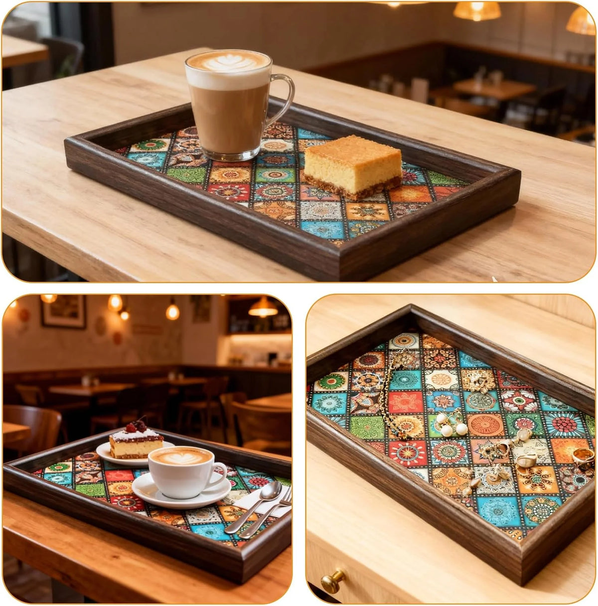 Boho Wooden Decorative Tray | Rustic Handmade Storage & Serving Tray