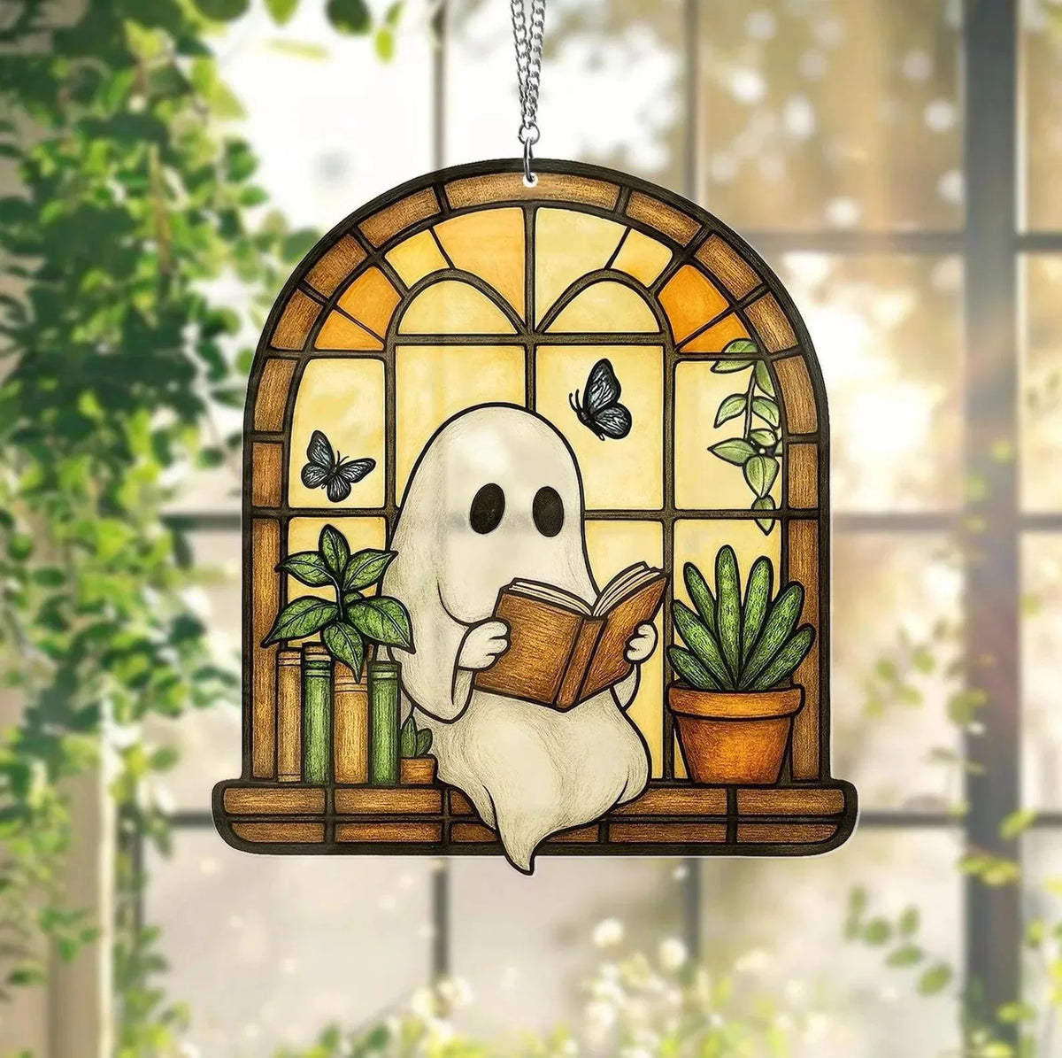 Halloween Ghost Reading Book Window Ornament | Colorful Acrylic Suncatcher