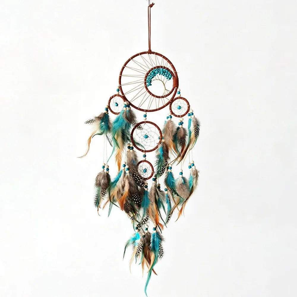 Turquoise Desert Dreamcatcher | Boho Wall Hanging with Stone & Feather Accents