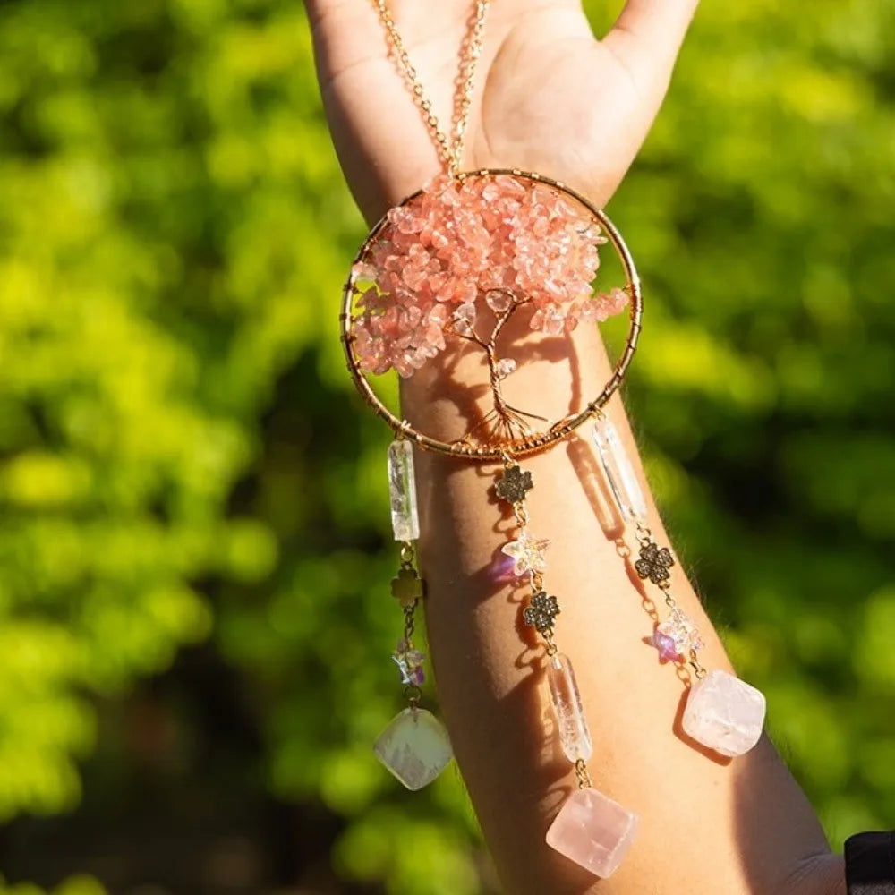 Rose Quartz Tree of Life Suncatcher | Boho Window Hanging