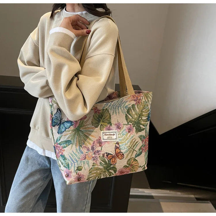 Floral Canvas Shoulder Tote | Four Colors & Two Sizes