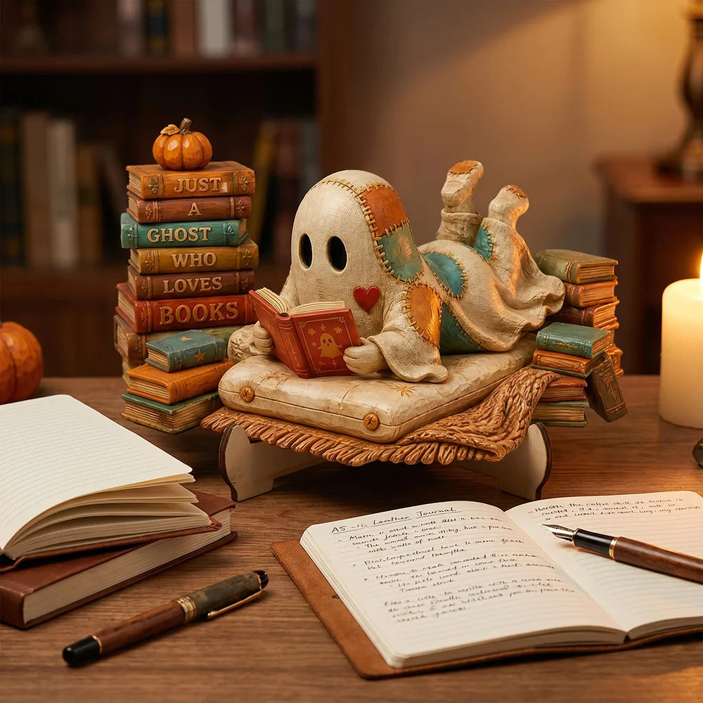 Ghost Reading Book Wooden Figurine | Rustic Farmhouse Halloween Decor for Book Lovers