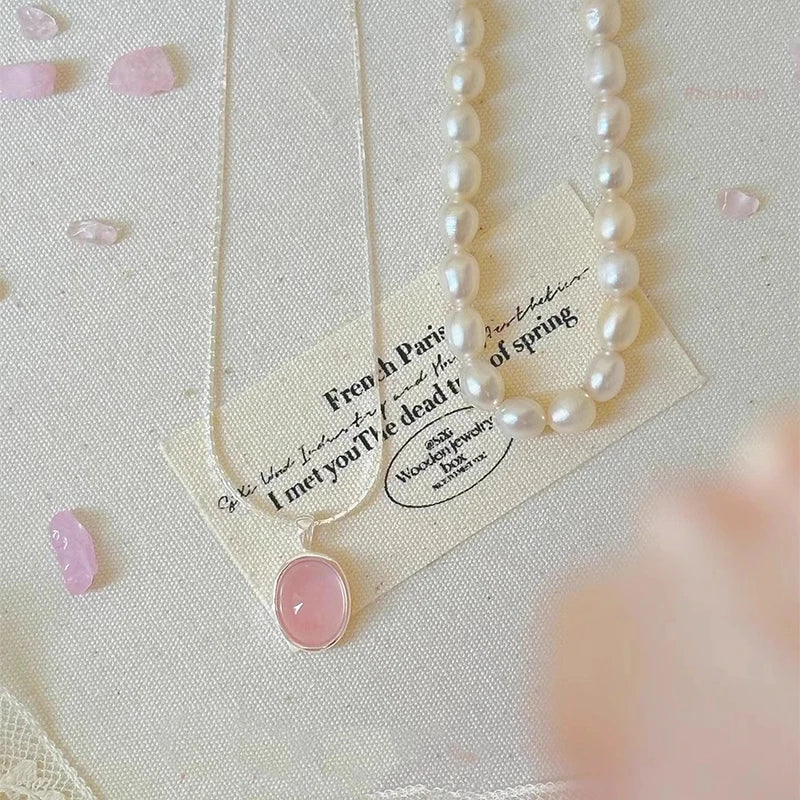 Pink Crystal Zircon Pendant Necklace | 925 Sterling Silver | Oval Collarbone Chain