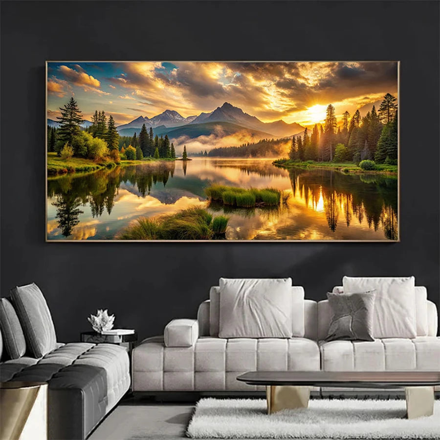 Golden Sunrise Snowy Mountains Canvas Print — Boho Landscape Wall Art
