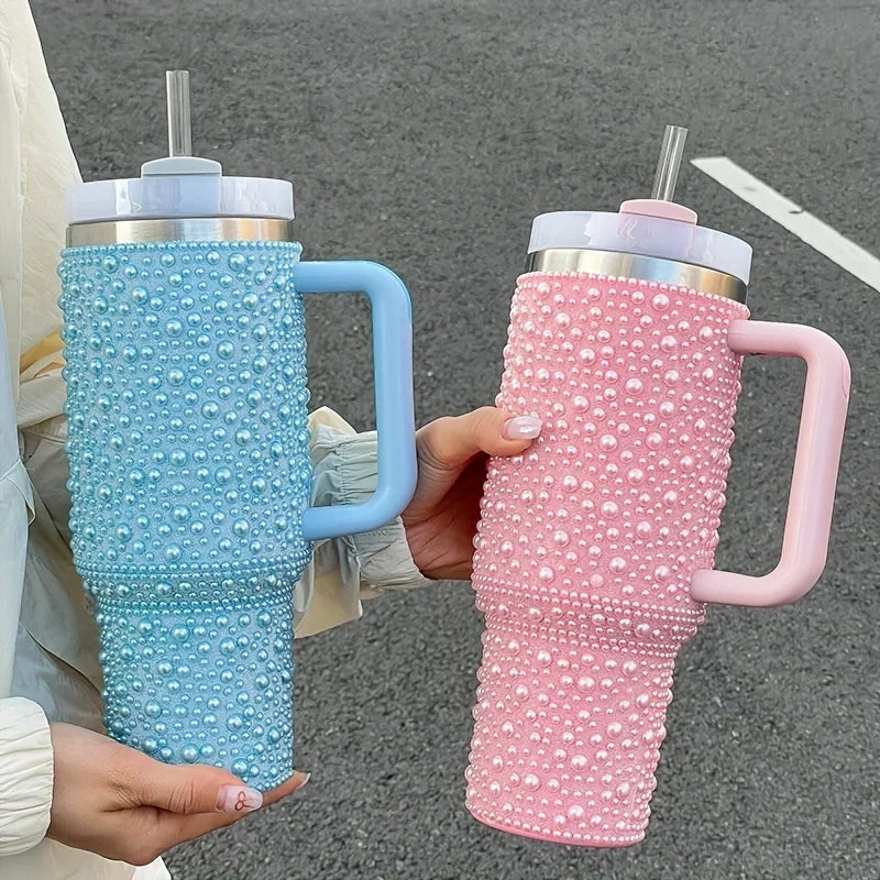 40oz Pearl & Rhinestone Tumbler | Vacuum Insulated Wide Handle Car Cup