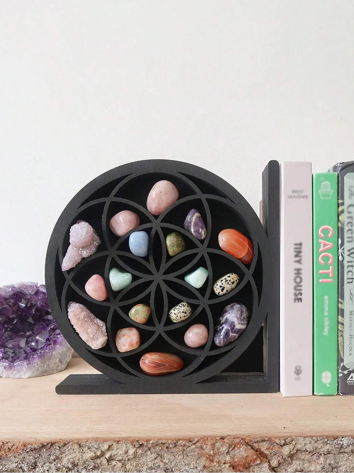 Crystal Sun & Moon Shelf Bookends — Decorative Wood & Crystal Book Holder