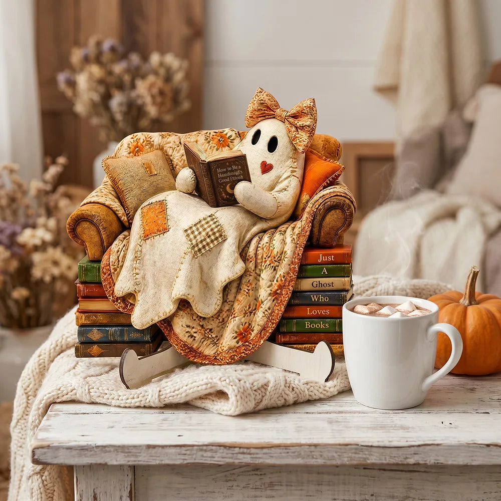 Ghost Reading Book Wooden Figurine | Rustic Farmhouse Halloween Decor for Book Lovers