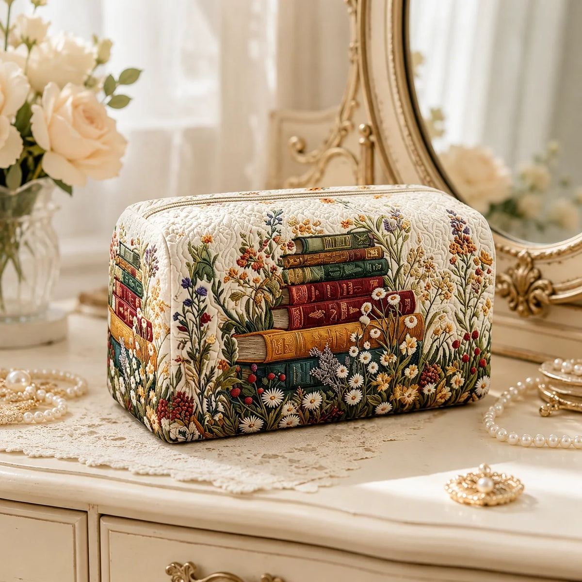 Vintage Book-Print Quilted Cosmetic Bag