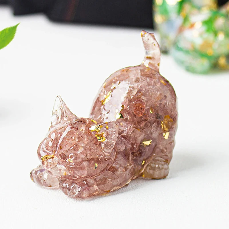 Natural Crystal Cat Figurine — Stone Sculpture Desktop Décor