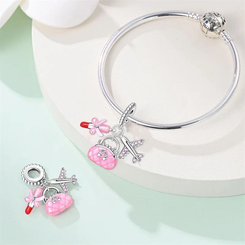 925 Sterling Silver Pink Travel Bag Charm – Zircon Bracelet Pendant for Women