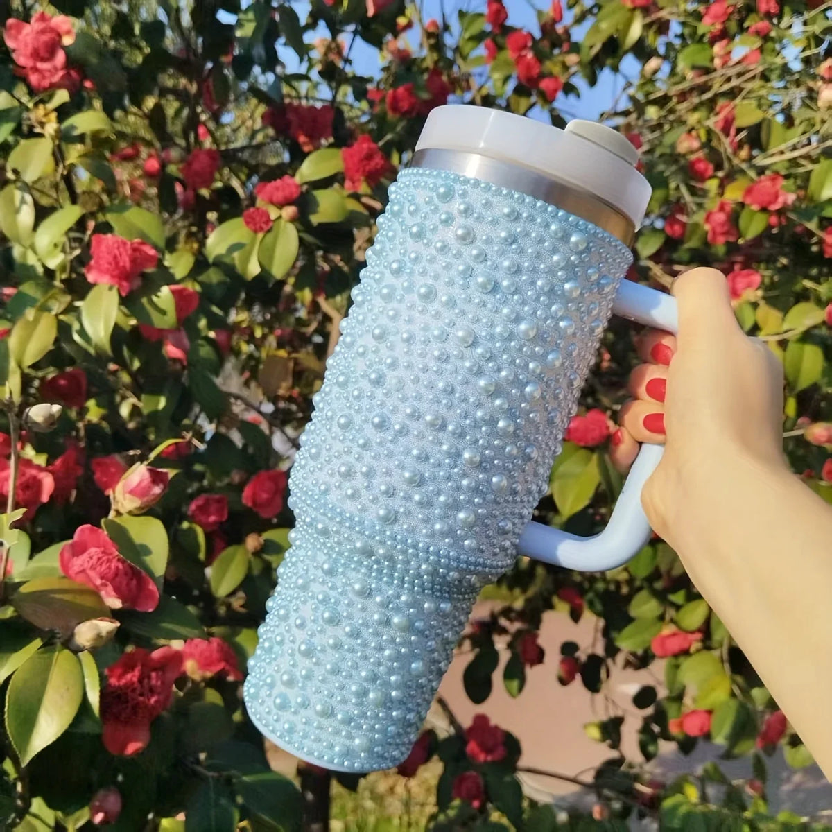 40oz Pearl & Rhinestone Tumbler | Vacuum Insulated Wide Handle Car Cup