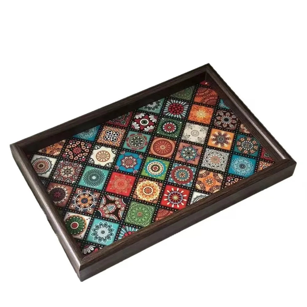 Bohemian Mosaic-Pattern Wooden Tray | 30 × 20 cm