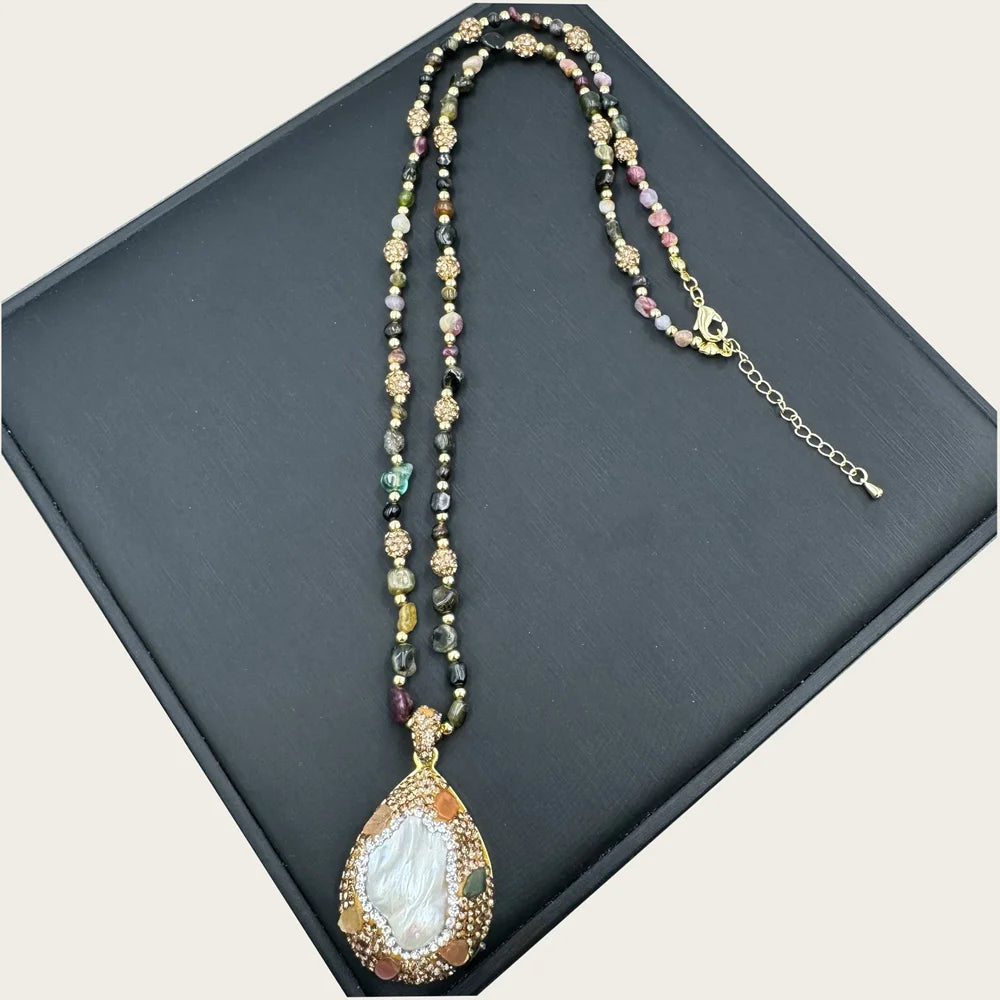Vintage Freshwater Pearl & Natural Crystal Necklace | Handmade Rhinestone Pendant in 18K Gold