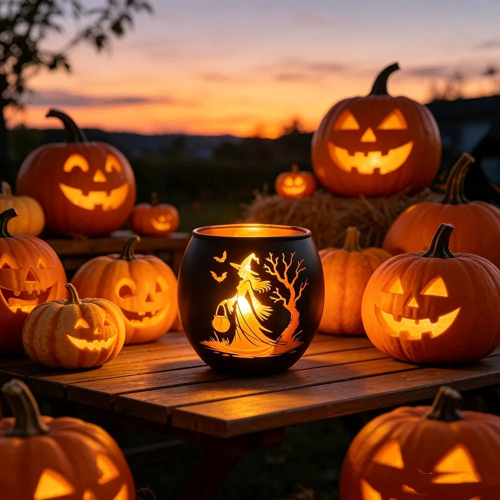 Halloween Witch & Bat Silhouette Candle Holder | Spooky Lantern Home Decor