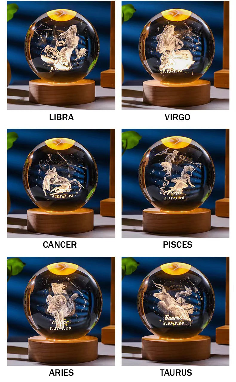Engraved Glass Sphere LED Light | Zodiac & Whimsical Designs