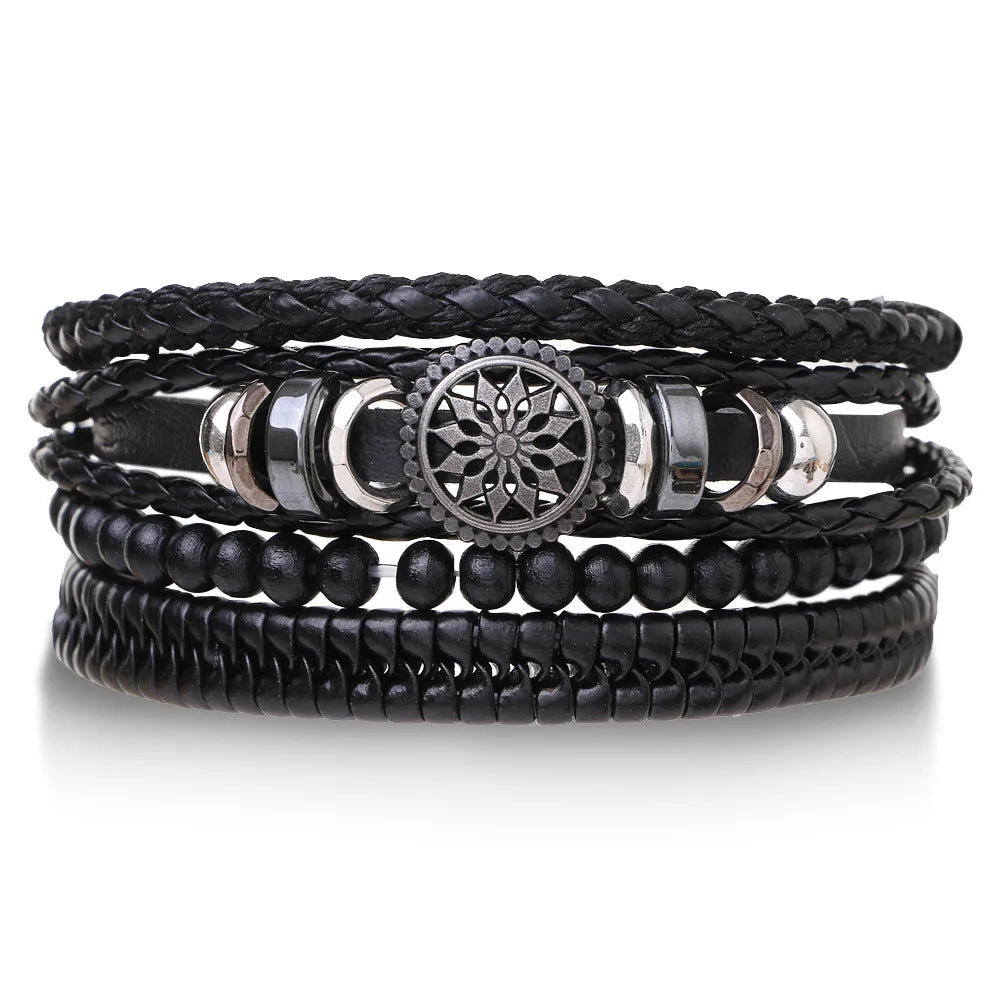Boho Leather Wrap Bracelet Set — 4 Piece Layering Bracelet Gift Set