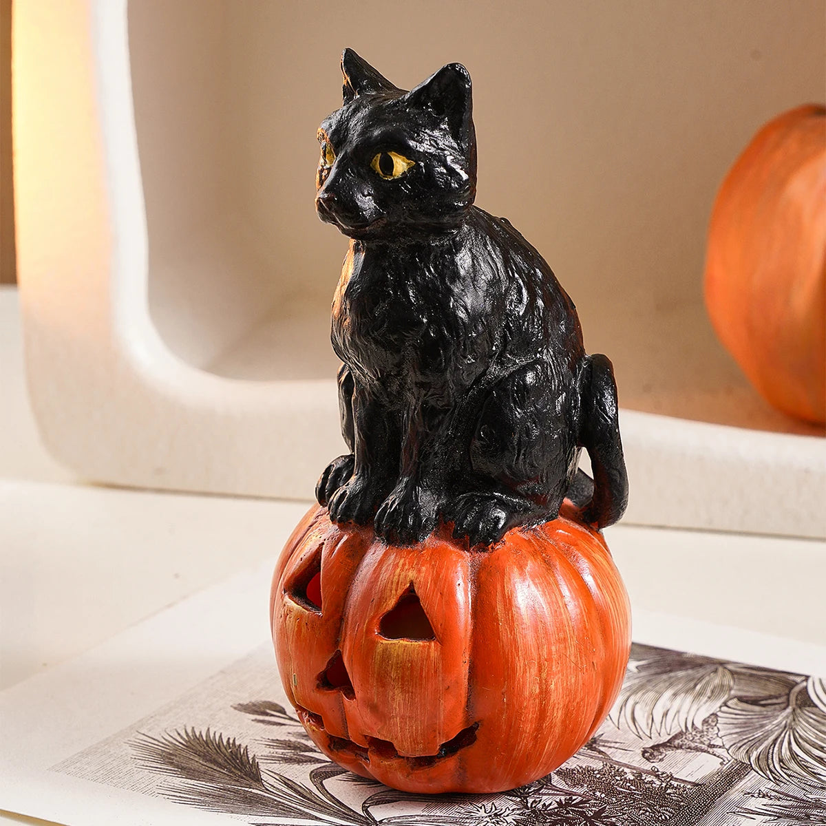 Black Cat Pumpkin Figurine | Halloween Resin Decor Ornament