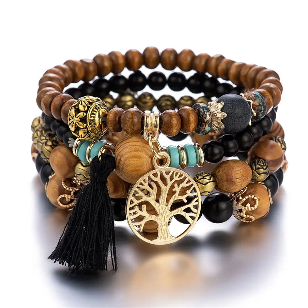 Boho Tree of Life Bracelet Set | Tassel Charm Wooden Bead Bangle for Women