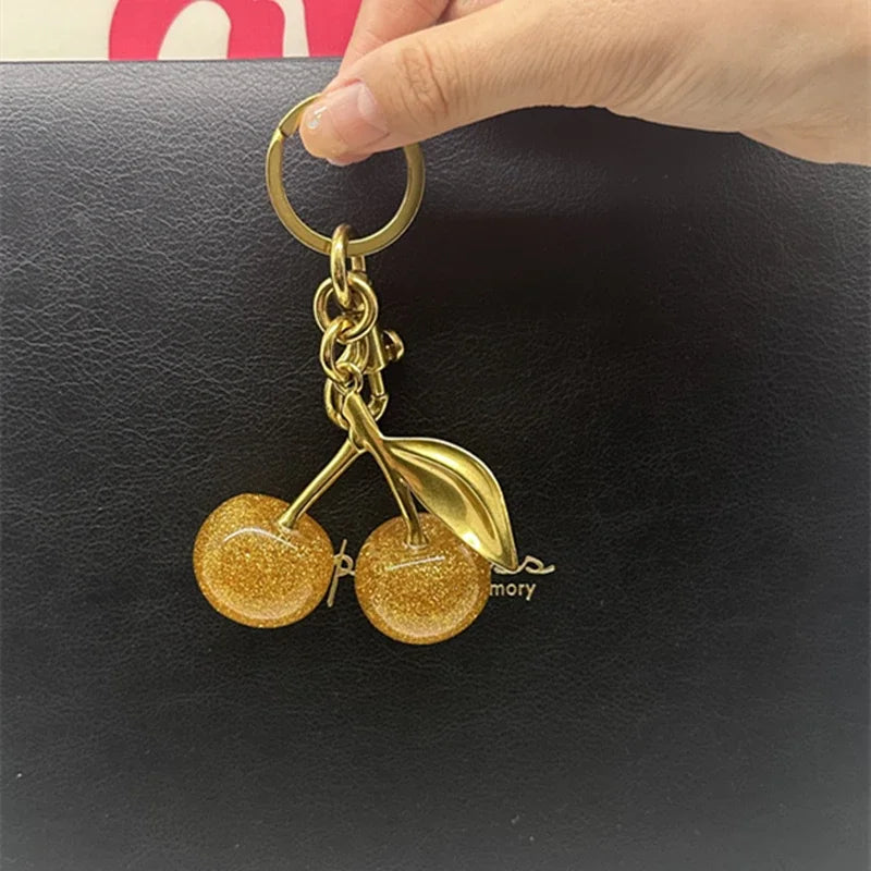 Gold Cherry Bag Charm Keychain | Sparkling Pendant Decoration for Handbags & Totes