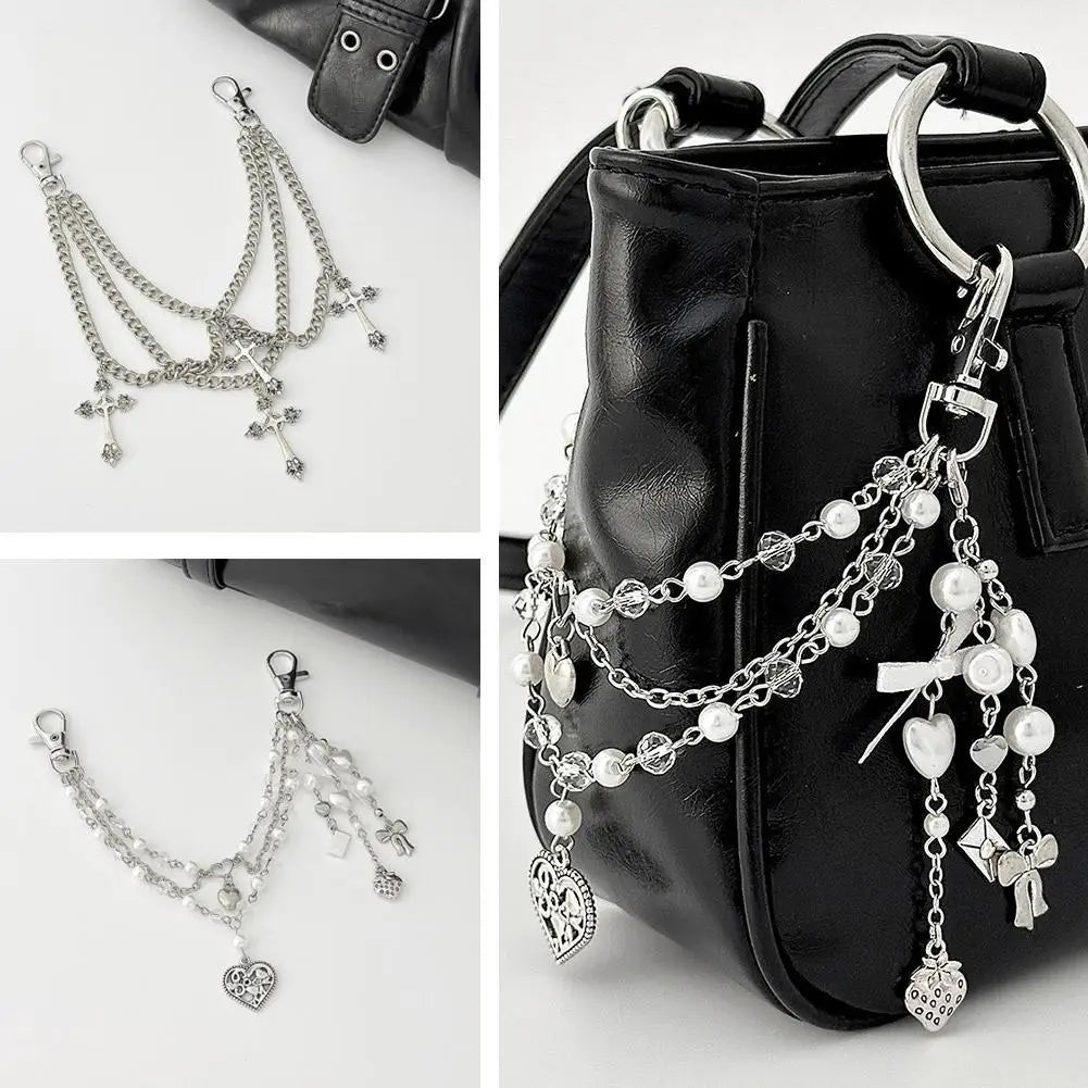 Gothic Multi-Layer Chain Bag Charm – Heart, Bow & Tassel Alloy Pendant with Lobster Clasp