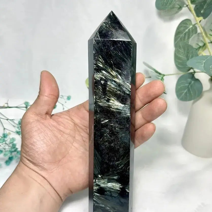 Natural Astrophyllite & Arfvedsonite Crystal Tower — Flashy Metaphysical Stone Obelisk