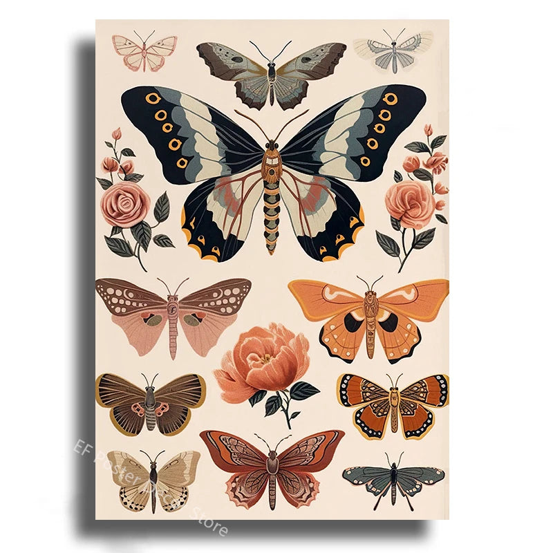 Boho Butterfly & Floral Aesthetic Poster Print | Vintage Wall Art for Living Room, Bedroom & Home Decor